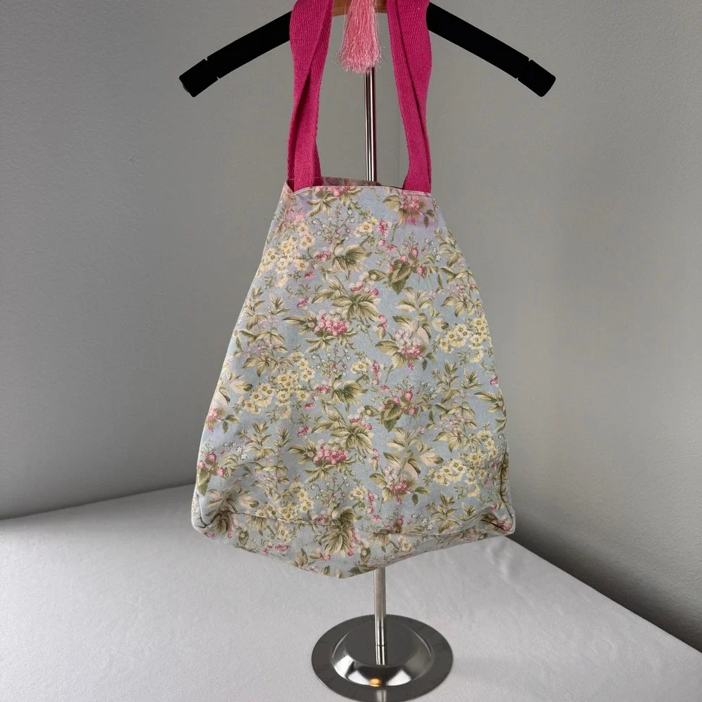 Laura Ashley Floral Canvas Tote Bag Blue Pink Cottagecore Shoulder Bag